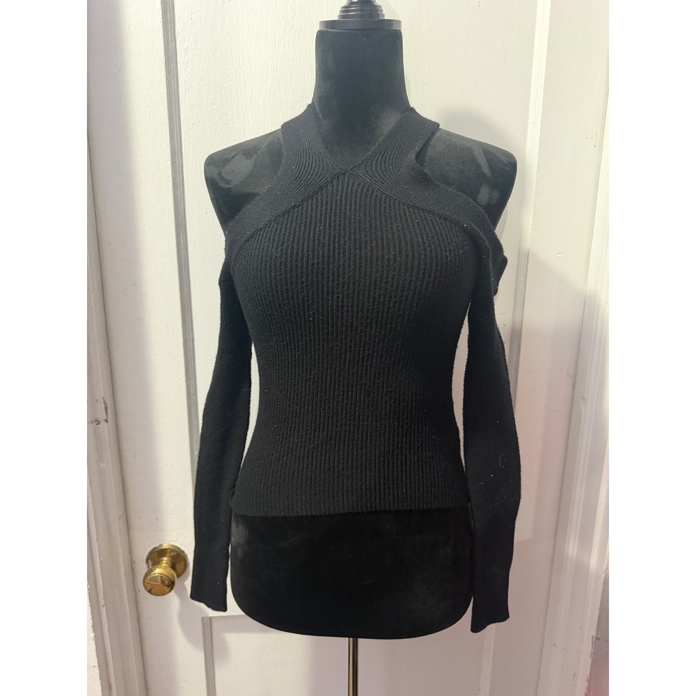 Forever 21 Black Ribbed Long Sleeve Cold Shoulder Crop Top Medium